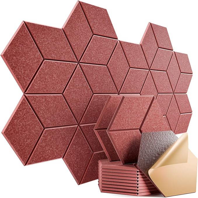 12 Pack Self-Adhesive Acoustic Panels 12" X 10" X 0.4" - Sound Proof Foam Panels with High Density, Y-Lined Design, Flame Resistant, Absorb Noise and Eliminate Echoes(Red)