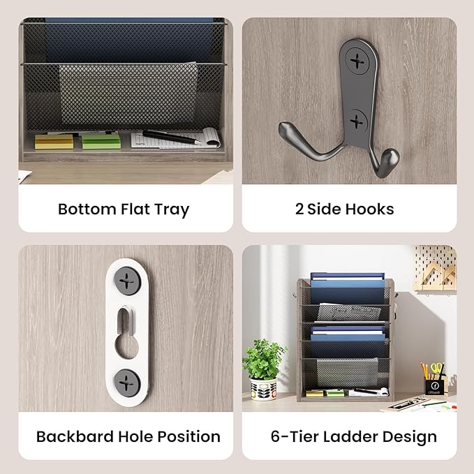 Creso hom Mail Organizer Wall Mounted, Mail Sorter with 2 Key Hooks, 6-Slot File Organizer for Wall or Desk, Wood Letter Holder Envelopes Bills Accessories for Home Office, Greige