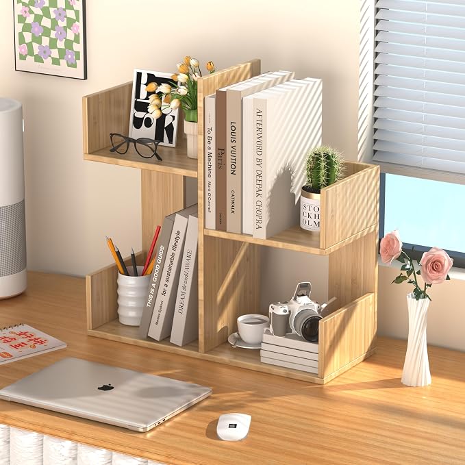 Modern 2-Tier Desk Bookshelf, Short Book Organizer, Display Shelf & Desktop Storage Rack, Space-Saving Desk Bookshelf for Books, Decor & Small Items, Natural