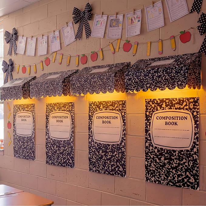 Colarr 12 Pcs Back to School Classroom Awning Decor Kit Bulletin Board Awning with Poster Paper Warm LED Light Bulletin Board Decor for Teacher Classroom School Wall Chalkboard(Composition Notebook)