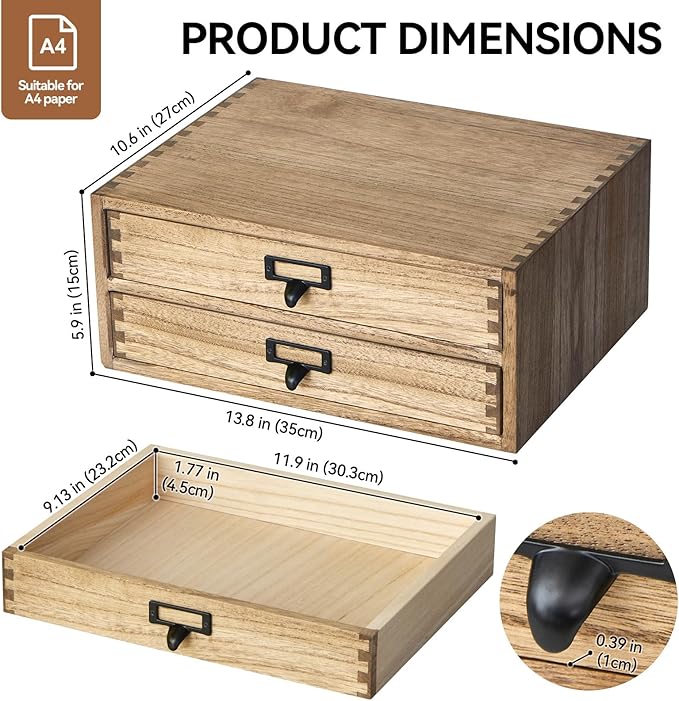 KIRIGEN Solid Wood Desk Organizer with 2 Drawers, Desktop Storage, Brown | 2-Drawer Cabinet for Printer Paper, Mail, Notebooks, and Office Supplies, 13.78 x 10.6 x 5.9 In, Fully Assembled