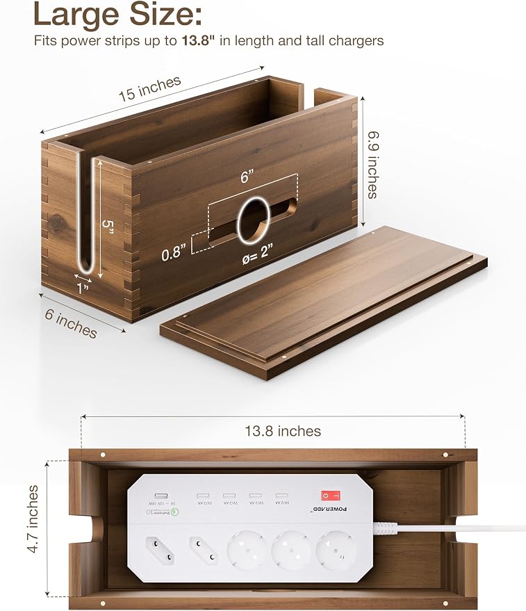 TIDITA Acacia Large Cable Management Box - 15" L Cord Box Hider, Power Strip Box for Office - Cable Hider Box, Surge Protector Box - Wire Box Hider for Desk - 3 Open Slots, Magnetic Lid (Walnut color)