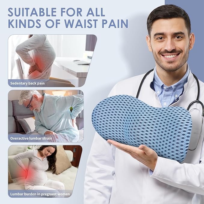 kasney Lumbar Support Pillow, Memory Foam Lumbar Pillow for Lower Back Pain Relief, Back Support Pillow for Office Chair, Car Seat - Blue