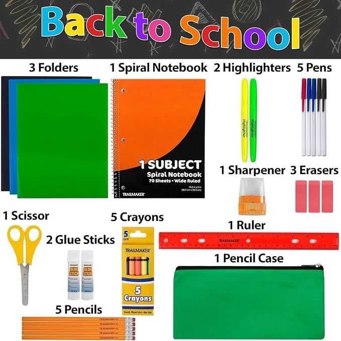 Trailmaker 12 Pack Bulk School Supply Kits | 30 Piece Classroom Supply Sets for Elementary & Middle School | Notebooks, Pencils, Crayons & Essentials | Ideal for Schools, Nonprofits, Charities & Donation Programs