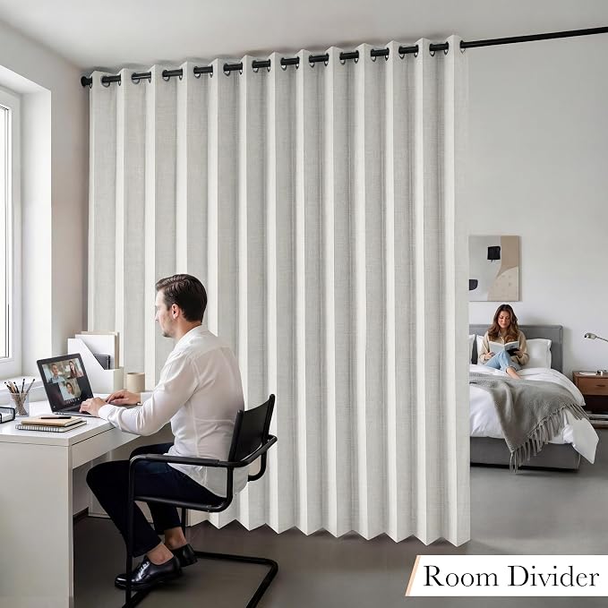 RYB HOME Accordion Style Room Divider Curtain-100% Blackout Folding Accordion Curtain for Sliding Glass Door/Bedroom, Privacy Assurd Living Room/Office Drape 1 Panel with Tieback, W100 x L96, Beige
