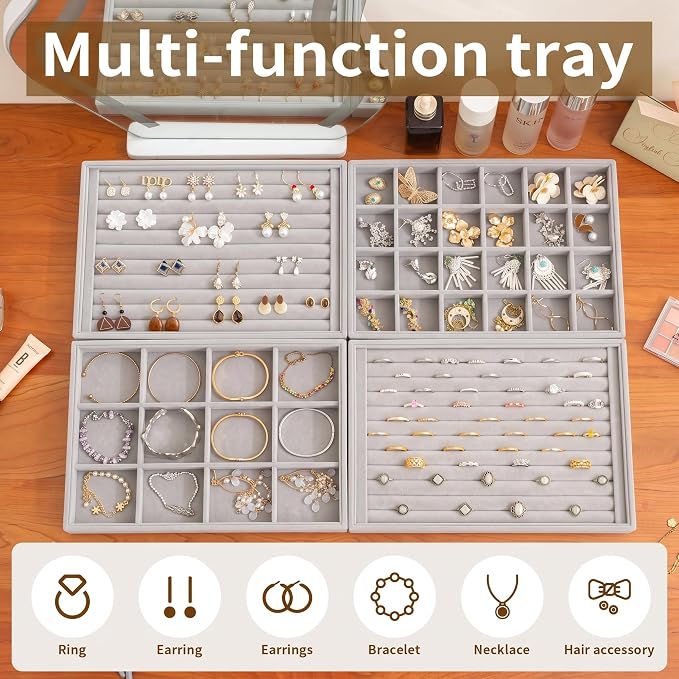 Jewelry Trays for Drawer,Set of 4 Jewelry Organizer and Storage | Velvet Material,Stackable,Adjustable Dividers,Drawer Inserts for Rings Studs Bracelet,Earring Organizer for Women Girls