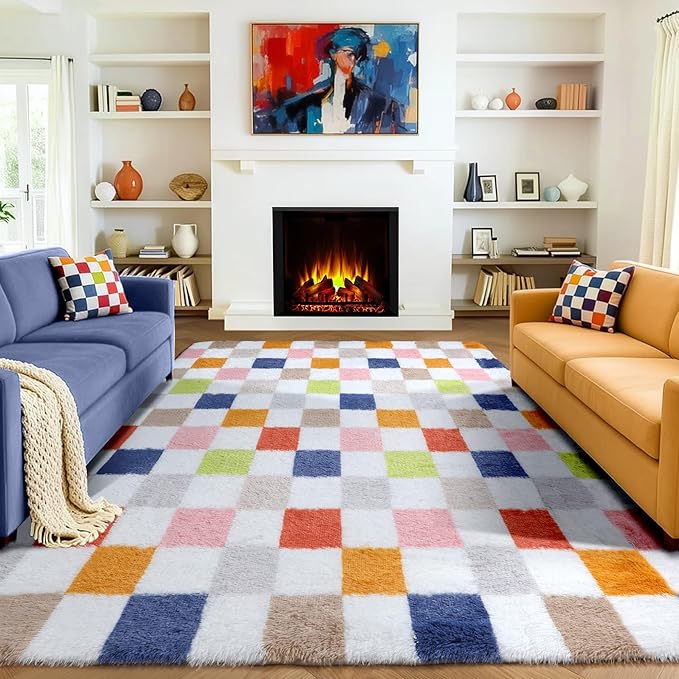 KICMOR Large Area Rugs 8x10 for Living Room, Fluffy Soft Rainbow Checkered Shag Shaggy Carpet for Bedroom, Indoor Big Fuzzy Plush Colorful Rug for Kids Boys Girls Dorm Nursery Home Decor Aesthetic