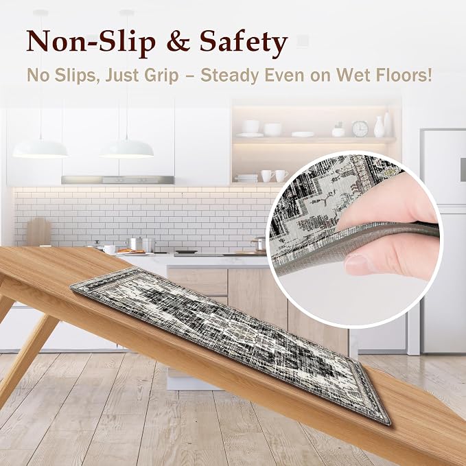 Boho Kitchen Mats for Floor 2 Piece Set Anti Fatigue Cushioned PVC Kitchen Rugs Non Slip Waterproof Farmhouse Mats 2/5 Inch Comfort Standing Mat for Laundry, 17.3"x47"+17.3"x28", Black Brown Grey