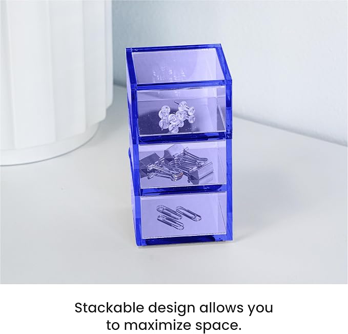 3-Tier Stackable Acrylic Holder- Stylish Desk Organizer and Storage for Office or Home – Transparent Square Design, Blue with Silver Metal Base