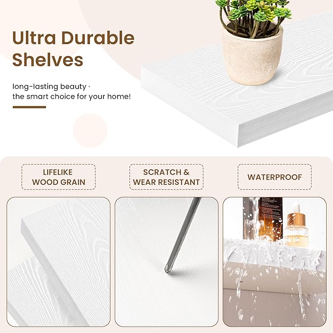 30in Floating Shelves for Wall, 30"W x 9.25"D x 1.25"H, 2 Pack Long Wall Mounted Engineered Wood Shelves with Invisible Brackets for Living Room, Bedroom, Bathroom, Kitchen Decor and Storage, White