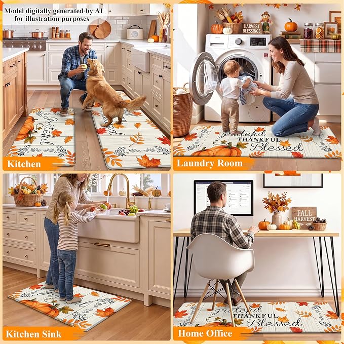 HEBE Fall Kitchen Mat Set of 2, Anti Fatigue Pumpkin Kitchen Mats for Floor | Cushioned Non Slip Autumn Kitchen Rugs and Runner Set, Waterproof Maple Leaf Floor Carpet for Harvest Thanksgiving