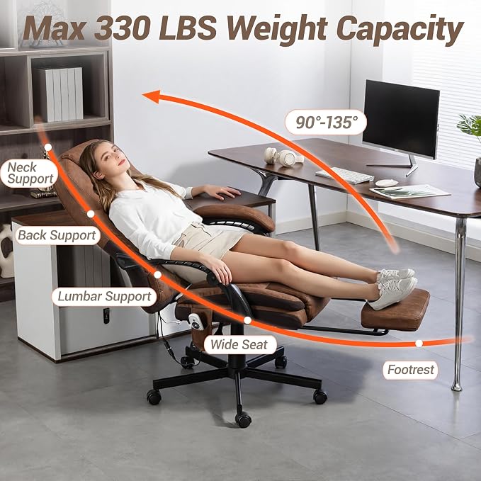 Heated Massage Executive Office Desk Chair with Footrest - Brown | 6 Points Vibration Massage System, 5 Massage Modes, 3 Target Areas (Back,Lumbar,Seat), Reclining 90°-135°