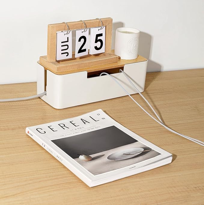 ABS Cord Organizer Box with Wooden Lid, Cable Management Box for Power Strips or Surge Protectors, Desk Cable Tidy Box for Office Home(White)