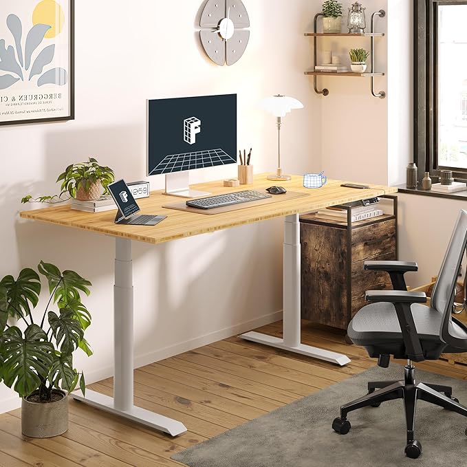 FLEXISPOT E6 Pro Oval Leg Dual Motor 3 Stages Bamboo Whole-Piece Electric Standing Desk 48x24 Inch Board Height Adjustable Electric Sit Stand Up Desk (White Frame + Bamboo Whole-Piece Desktop)