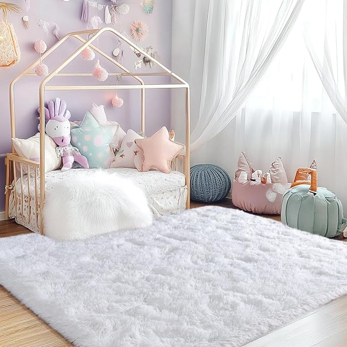 Awaytail Fluffy 4x6 Area Rug–1.4" High-Pile Plush Carpet, Fuzzy Nursery Rugs for Bedroom, Soft Throw Rug for Living Room–White