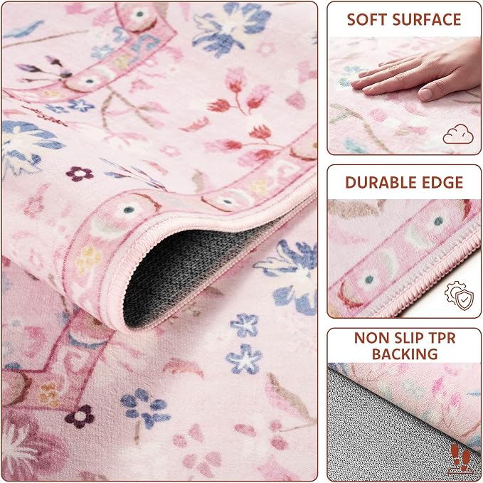 3x5 Area Rugs for Bedroom, Pink Machine Washable Rug, Non-Slip Low Pile Throw Rugs with Rubber Backing Printed Vintage Floral Carpet for Living Room Dining Room Kitchen Home Decor