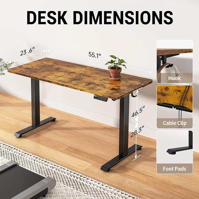 Veken 55" x 23.6" Super Large Standing Desk, Height Adjustable Electric Computer Desk, Sit to Stand Up, Modern Workstation for Home Office, Walking Pad, Writing, Gaming Bedroom Study, Brown