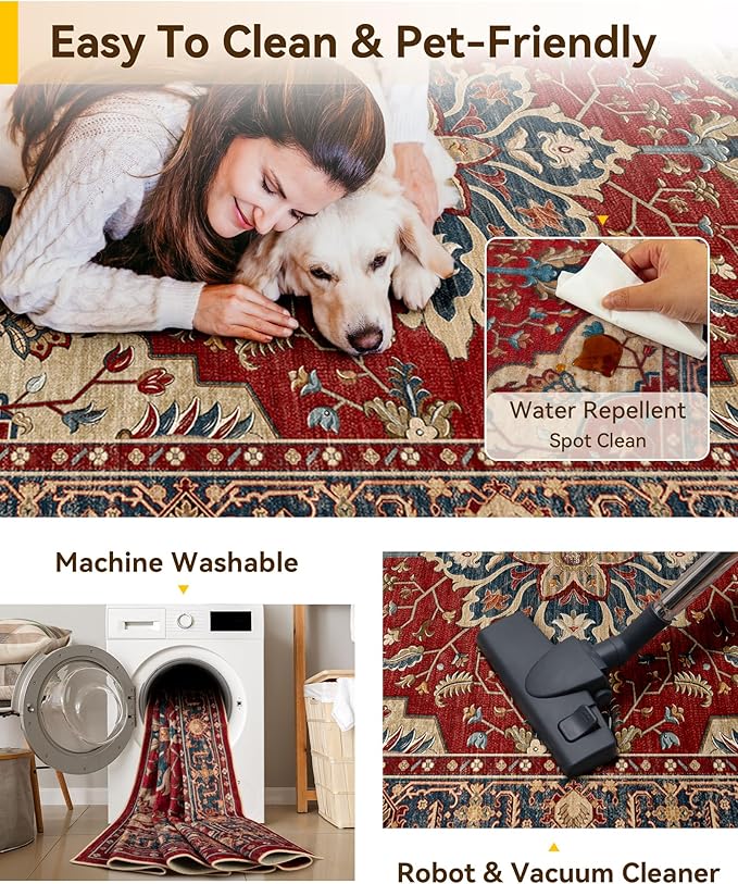RELEANY Area Rugs 3'x4' Washable Non-Slip, Floral Vintage Distress Medallion Carpet for Living Room Bedroom Dining Room, Red Blue