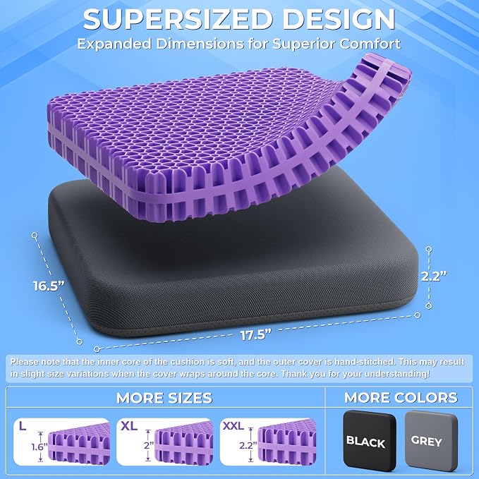 TushGuard Gel Seat Cushion for Long Sitting, Enlarged & Thickened Patent Design, Breathable Cooling for Office Chair, Soft Car Seat Cushion for Wheelchair (2.2" Thick, Grey)