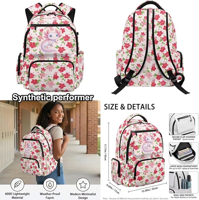 WELLFLYHOM Axolotl 4 PCS Backpack for School Girls 8-12 17 Inch School Bookbag Lunch Bag Pencil Pen Case Water Bottle Cover Kids Daypack for Junior Senior Students