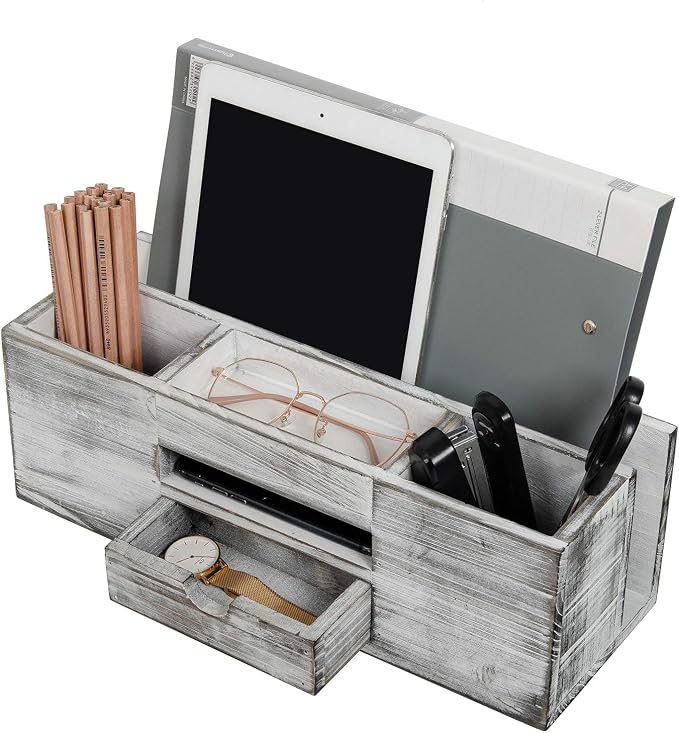 Liry Products Whitewashed Wooden Desktop Organizer Multiple Compartments Rack Shelf Drawer Tabletop Wood Storage Cabinet Office Supplies Caddy Document Stationery Holder Accessory Sorter Vanity Home