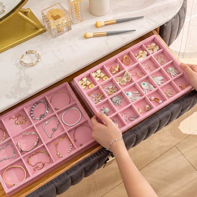 Jewelry Trays for Drawer,Set of 4 Jewelry Organizer and Storage | Velvet Material,Stackable,Adjustable Dividers,Drawer Inserts for Rings Studs Bracelet,Earring Organizer for Women Girls