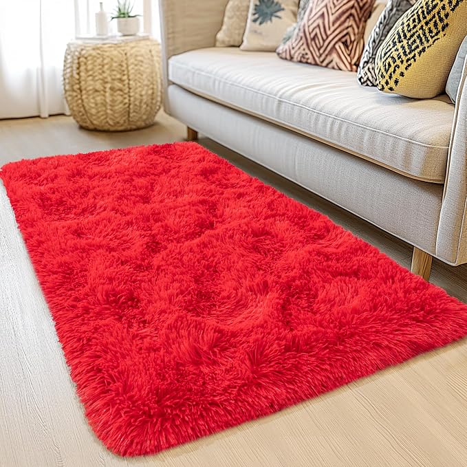 Awaytail 2x6 Fluffy Area Rug - Soft Shag Runner Rug for Bedroom - Non Slip Runner Living Room Rug Plush Carpet Runner Red