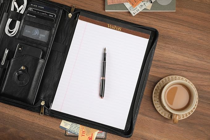 Leather Portfolio for 13-in iPad Pro M4/M5 & 13-in iPad Air M2/M3, Leather Padtfolio with ipad Holder for Letter Size Notepad, Personalized Padfolio for Men - Oil Black