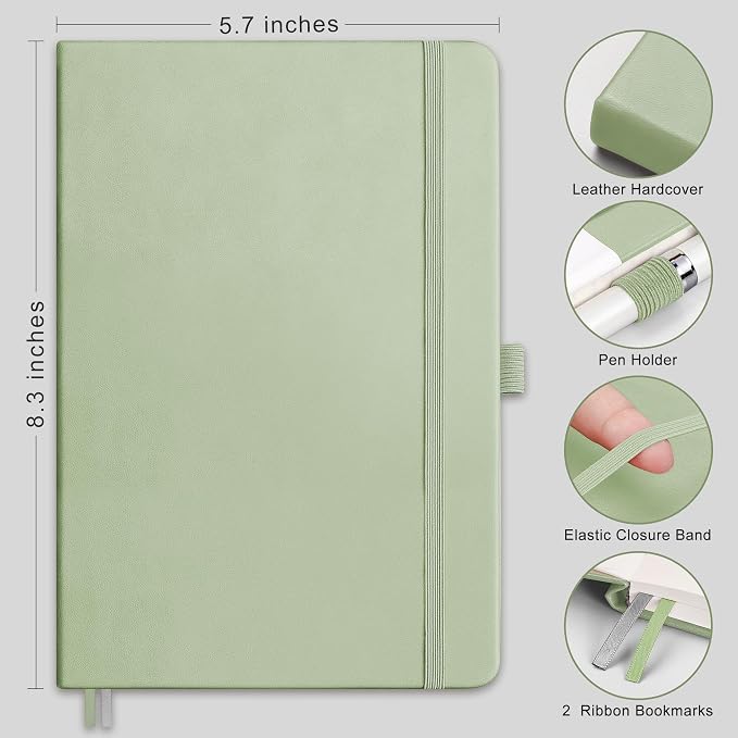 AHGXG Lined Journal Notebook, 160 Numbered Pages, A5 Medium Size (5.7'' x 8.3''), 120 GSM Thick Paper, for Men & Women, Journaling, Writing, Work & Office, Leather Hardcove (Light Green)