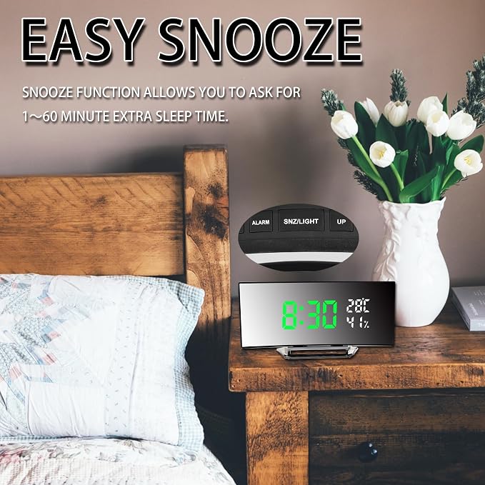 Digital Alarm Clock, LED Alarm Clock with Large Curved Screen, 3 Levels Brightness, 2 Alarms, Snooze, Bedside Clock with Temperature and Humidity Display, USB Power Supply (G&W)