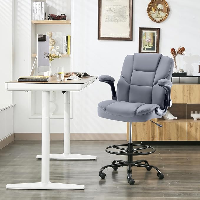 Drafting Chair 500Lbs, Tall Office Chair for Standing Desk, High PU Leather Executive Office Chair with Flip-up Armrests, Ergonomic High Chair with Adjustable Foot Ring, Comfy Stool Chairs, Grey
