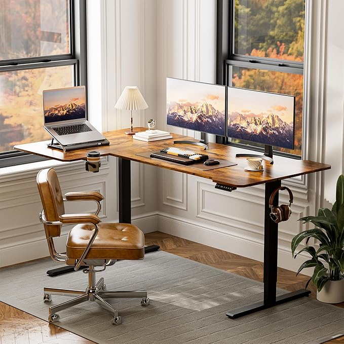 Acrolix L Shaped Electric Standing Desk - 71x43.5 Inch Reversible Corner Sit Stand Desk with Hook&Cup Holder,Electric Height Adjustable Table,for Home Office Gaming&Trading Computer Desk, Rustic Brown