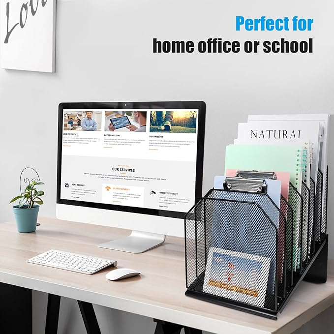 Inclined File Organizer for Desk, 7-Section Vertical File Folder Holder Office Desk Organizer Metal Rack File Wire Mesh Desktop Document Sorter for Office School Classroom Home (Black)
