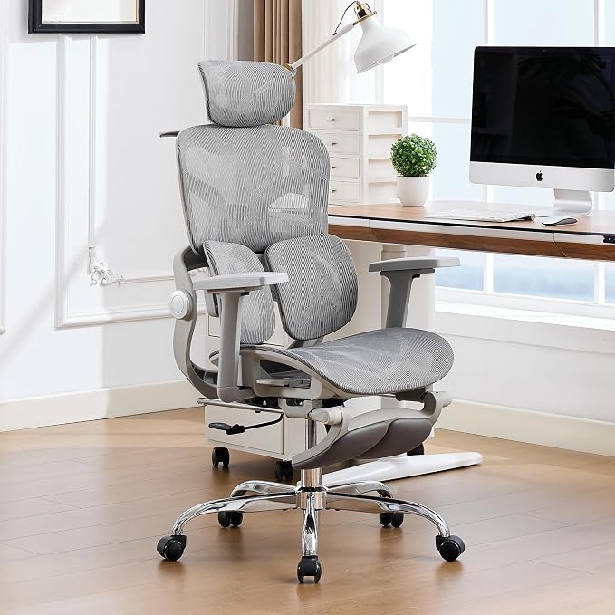 Ergonomic Mesh Office Chair with 2-Zone Lumbar Support and Footrest,Grey | Big and Tall, 400LBS, Adjustable Seat Depth, 4D Headrest, 4D Armrests Swivel Executive Chair for Home Office