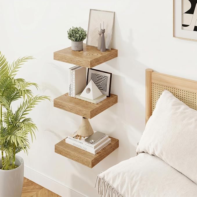 Marsmiles Square Floating Shelves for Wall, 8" W x 8" D x 1.25" H, 3 Pack Small Wall Mounted Engineered Wood Shelves with Invisible Brackets for Living Room, Bedroom, Bathroom, Kitchen Decor,Cedar