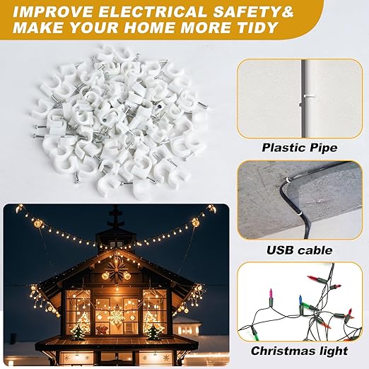 MAQIHAN Cable Clips - 100PCS, 8mm 10mm Wire Staples with Steel Nails, White | Wall Cable Management, Wire Wall Clips, Wire Staples, Cord Holder for Wires, Ethernet, Cord Organization