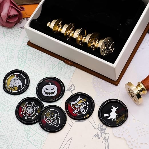 SWANGSA Halloween Wax Seal Stamp Set, Vintage 6 Pieces Sealing Wax Stamp Heads and 1 Wooden Handle for Halloween Party Invitations, Letters, Envelopes, Christmas (Halloween Set)