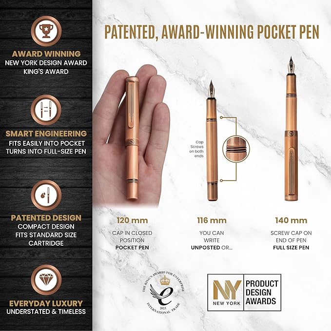 Scriveiner Luxury EDC Fountain Pen (Fine), Stunning Heavy Brass Pocket Pen, Hand Brushed Copper Finish, Schmidt German Nib Converter, Best Writing Pen Gift Set for Men Women, Nice Fancy Designer Pen