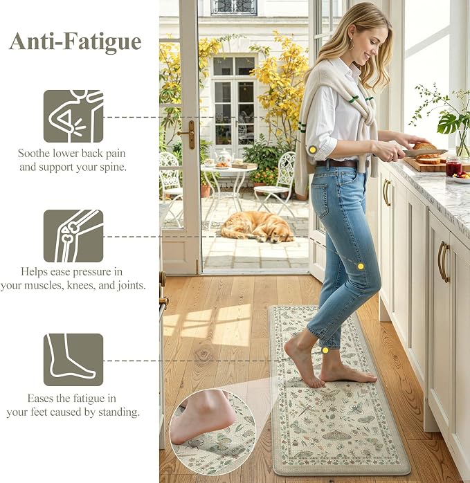 LEEVAN Anti Fatigue Mats for Kitchen Floor Non-Slip, Cushioned Kitchen Mats for Floor 2 Piece, Tan Memory Foam Kitchen Mat Set, Waterproof Ergonomic Standing Mat for Bar, Office,Desk, Laundry