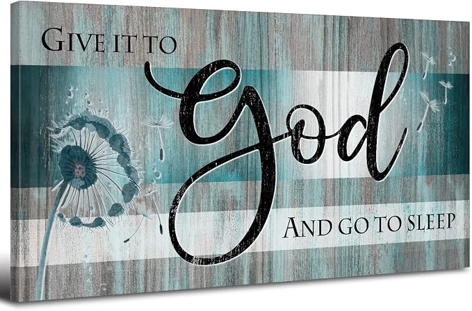 Give It to God and Go to Sleep Sign Bedroom Wall Decor 20x40" Christian Bible Verse Wall Art Above Bed Wall Decor Teal Farmhouse Faith Quote Canvas Painting for Living Room Master Bedroom Decoration