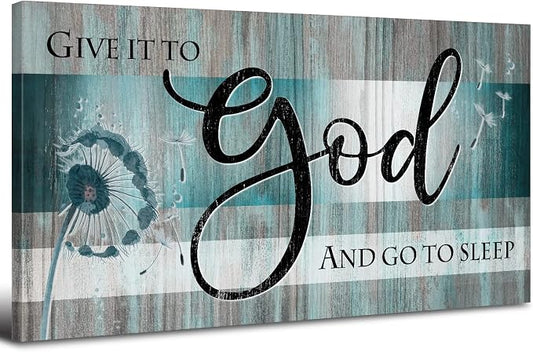 Give It to God and Go to Sleep Sign Bedroom Wall Decor 20x40" Christian Bible Verse Wall Art Above Bed Wall Decor Teal Farmhouse Faith Quote Canvas Painting for Living Room Master Bedroom Decoration
