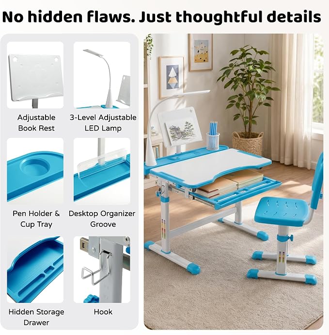 Diroan Kids Desk and Chair Set with LED Light, Height-Adjustable for Age 7+ | Ergonomic, Large 0‑45°desk, Sturdy steel frame, Storage drawer, Bookstand, Metal hook
