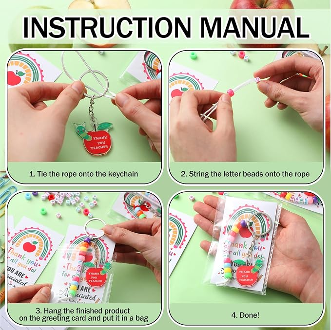 Suncalla 984 Pcs 24 Set Teacher Keychain Making Kit Teacher Charm Gifts Crafts DIY Cute Apple Beads Key Chain Thank You for All You Do Cards Strings Kit Back to School Gift First Day of Party Favors