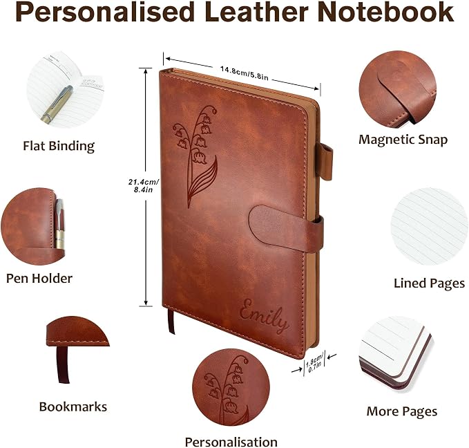 Personalized Leather Journal with Gifts Box & Pen, Custom Notebooks Diary with Engraved Birth Flower Name, Birthday Gifts for Women, Christmas Office Gift for Bridesmaid Students Teacher Mom Friend