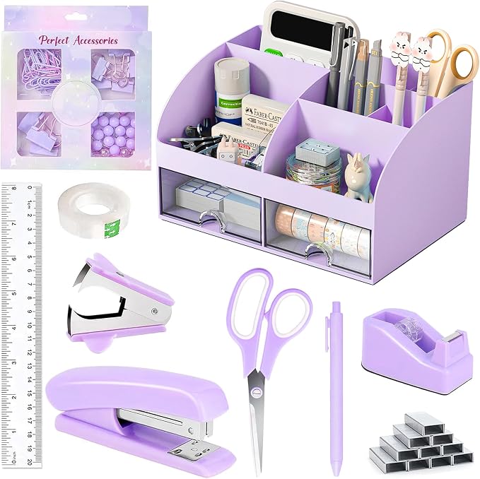 COMFYROOM Desk Accessories with Pen Holder, Office Supplies Desk Organizers and Accessories, Tape Dispenser, Stapler, Staple Remover, Staples, Clips Set, Ruler, Scissor, Pen, Tape (Purple)