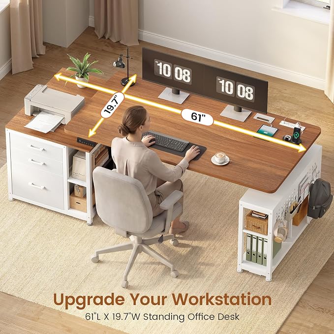 SEDETA Electric Standing Desk with 3 Fabric Drawers, 61" Height Adjustable Office Executive Desk with Storage Drawers, Stand up Computer Desk with Power Outlet for Home Office, White and Brown