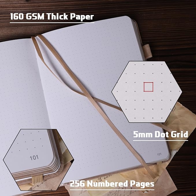 TIEFOSSI Dotted Journal Notebook, 160gsm 256 Numbered Thick Paper, A5 Hardcover Dotted Grid Diary for Women Men Work Writing, Journaling, Drawing, 5.8 x 8.3 in