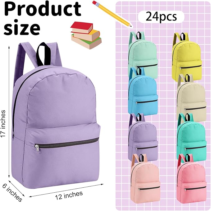 Silkfly 24 Pack 17'' Backpacks Bulk with 24 Stationery Supply Sets, Bookbags and Writing Accessories Kit for Donation(Pastel)
