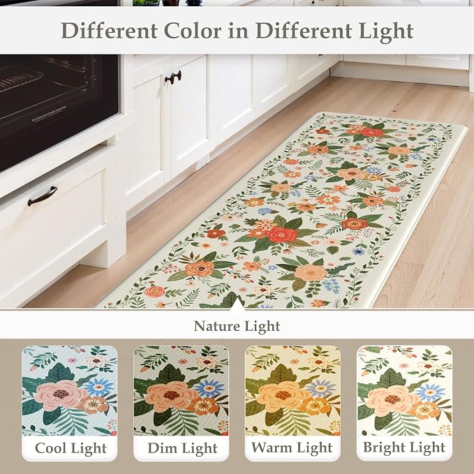 KIMODE Kitchen Mats for Floor Anti Fatigue, White Floral Rugs for Decor | Carpet for Kitchen Floor,Padded Kitchen Floor Mats,Cushioned Kitchen Mats for Floor 2 Piece for Laundry Sink 17"x47"+17"x29"