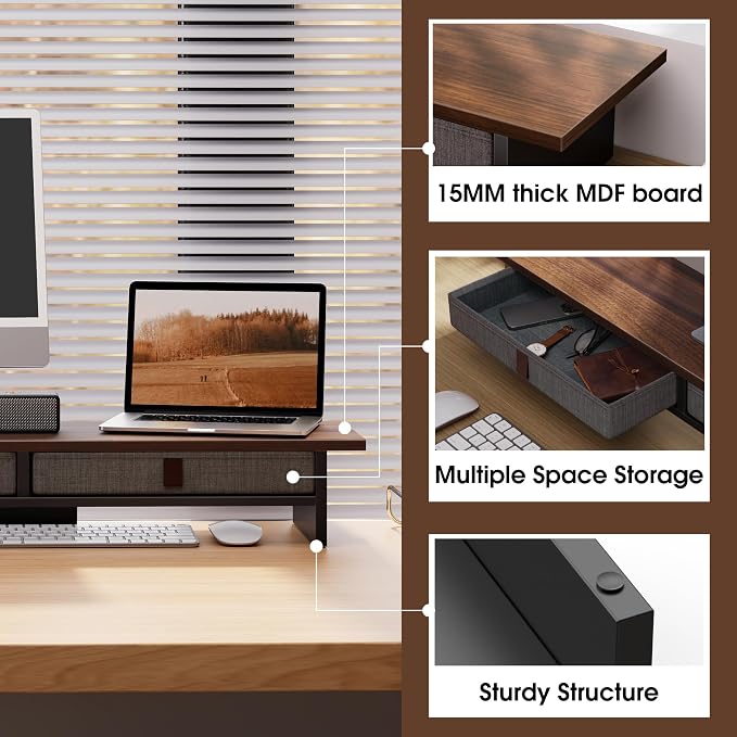 Fenge 35 Inch Monitor Stand with Drawer Storage, Computer Riser for Desk | Wooden Computer Shelf, 2 Tiers, for Dual Monitor/Laptop/PC/TV/Printer up to 55Lbs, Home Office Desk Organizer